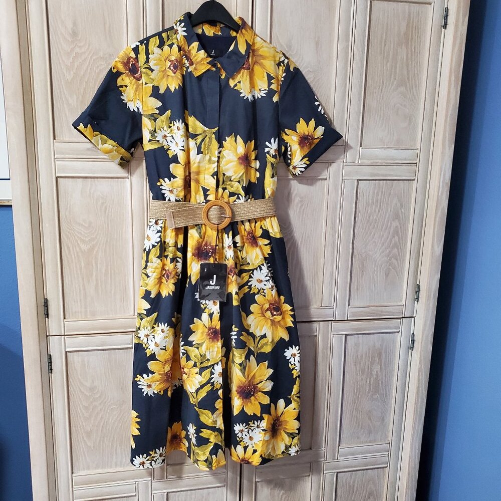 J Jason Wu Printed Shirt Dress with Raffia Belt, Navy Floral, Medium